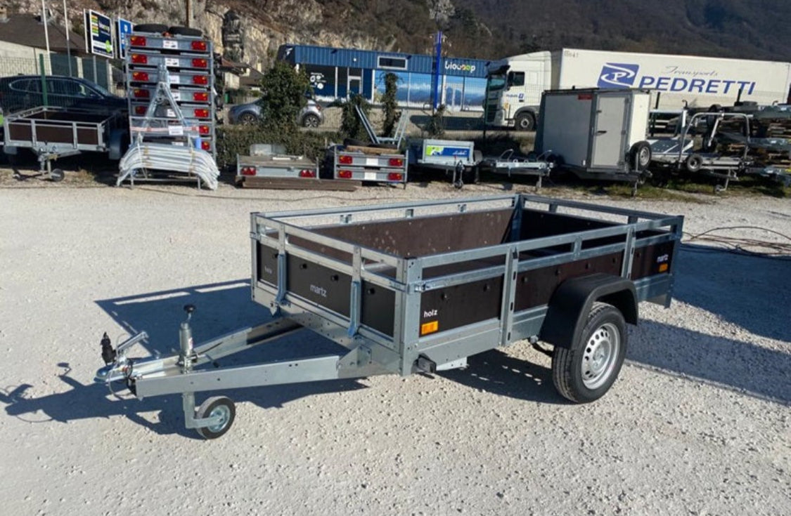 Remorque bois Martz 230 x 126 cm PTAC 500/750 kg + Porte-échelle et suspension à lames