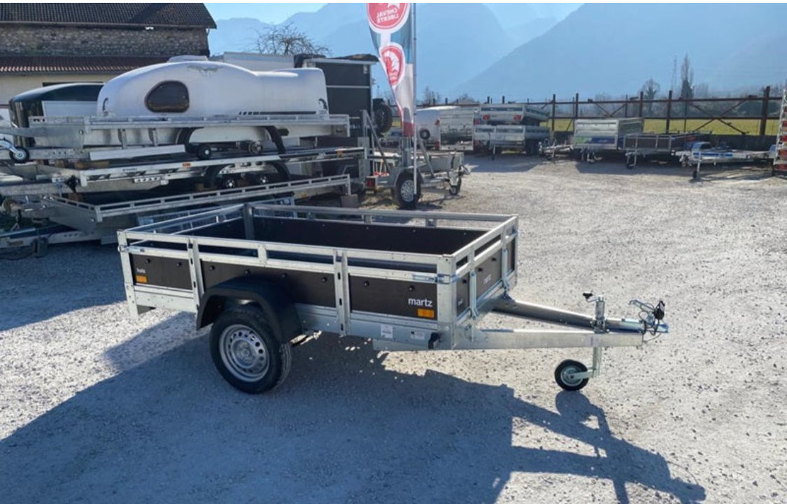 Remorque bois Martz 230 x 126 cm PTAC 500/750 kg + Porte-échelle et suspension à lames